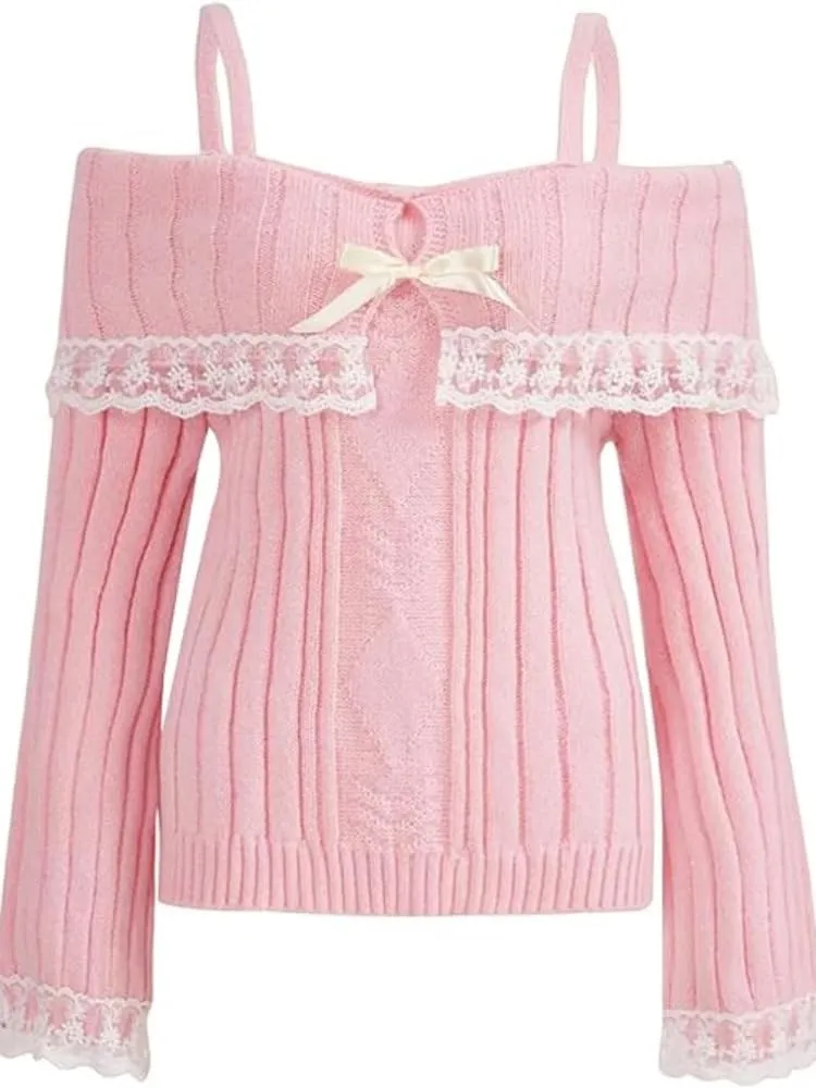 Women Off Shoulder Sweater Top Y2K Aesthetic Long Sleeve Lace Trim Knit Pullover Sweater Cutecore Kawaii Clothes