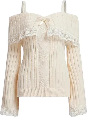 Women Off Shoulder Sweater Top Y2K Aesthetic Long Sleeve Lace Trim Knit Pullover Sweater Cutecore Kawaii Clothes
