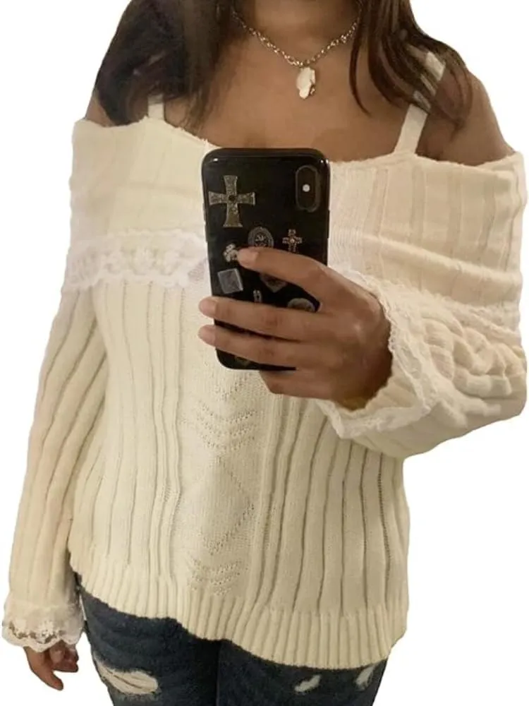 Women Off Shoulder Sweater Top Y2K Aesthetic Long Sleeve Lace Trim Knit Pullover Sweater Cutecore Kawaii Clothes