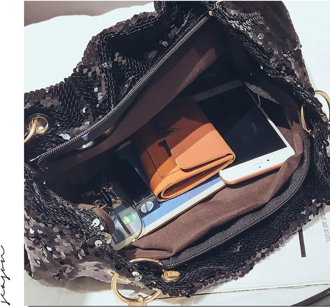 Women Patent Hobos Shiny Top-Handle Bags Chain Handbags Large Shoulder Bags for Ladies Sequin Purse