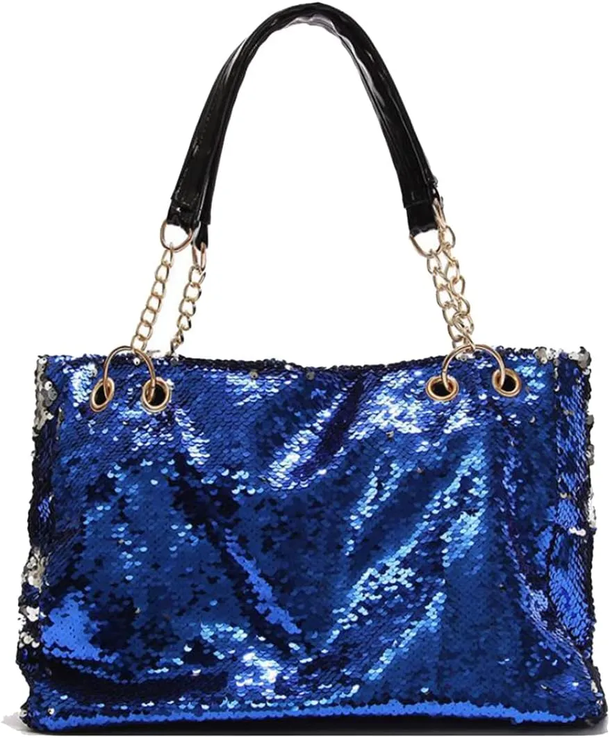 Women Patent Hobos Shiny Top-Handle Bags Chain Handbags Large Shoulder Bags for Ladies Sequin Purse