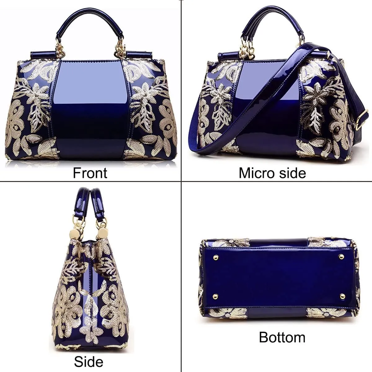 Women Patent Leather Fashion Handbags Double Sided Sequin Embroidery Shoulder Bag Top Handle Satchel Purse Black