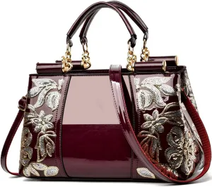 Women Patent Leather Fashion Handbags Double Sided Sequin Embroidery Shoulder Bag Top Handle Satchel Purse Black