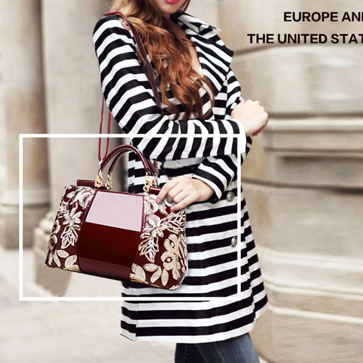 Women Patent Leather Fashion Handbags Double Sided Sequin Embroidery Shoulder Bag Top Handle Satchel Purse Black