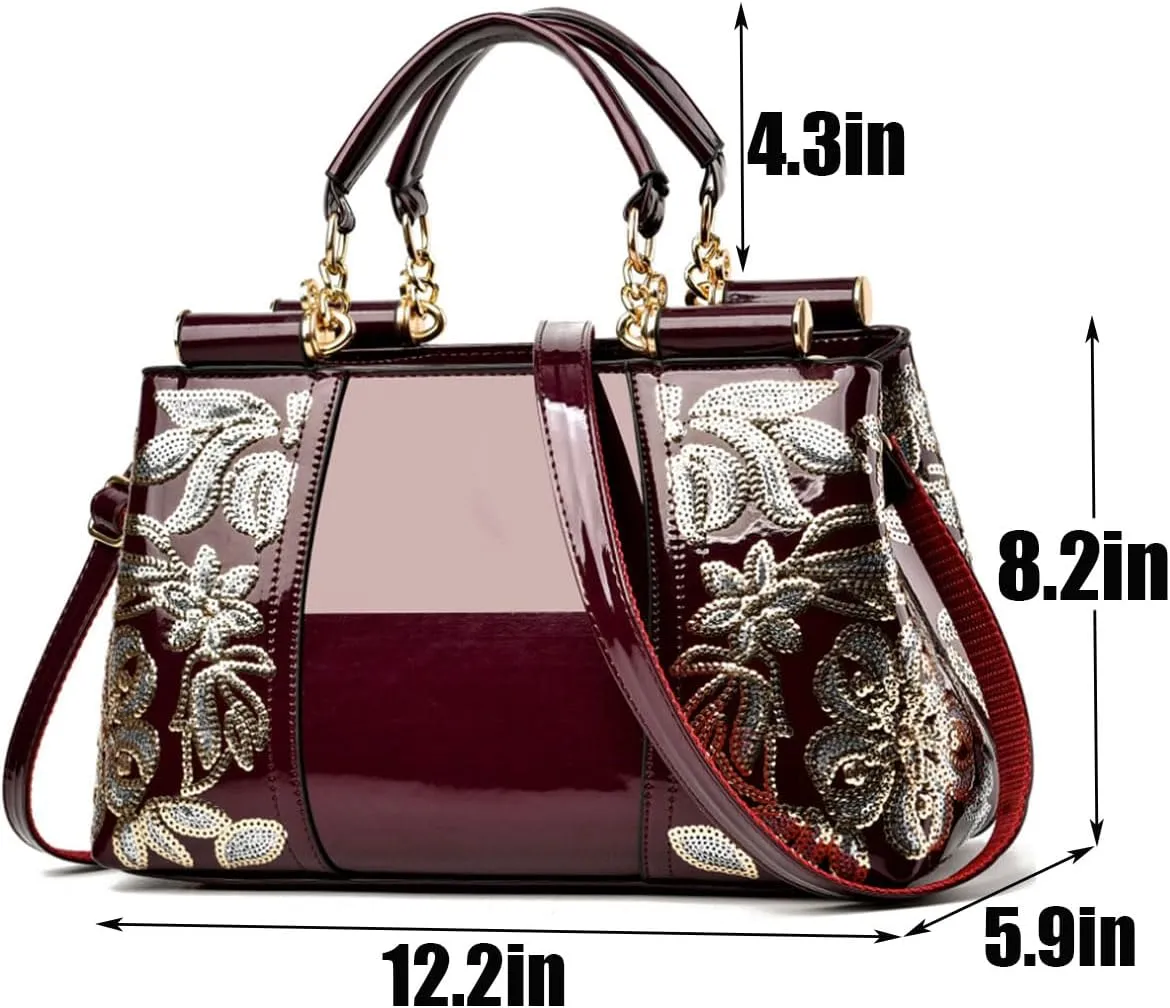Women Patent Leather Fashion Handbags Double Sided Sequin Embroidery Shoulder Bag Top Handle Satchel Purse Black