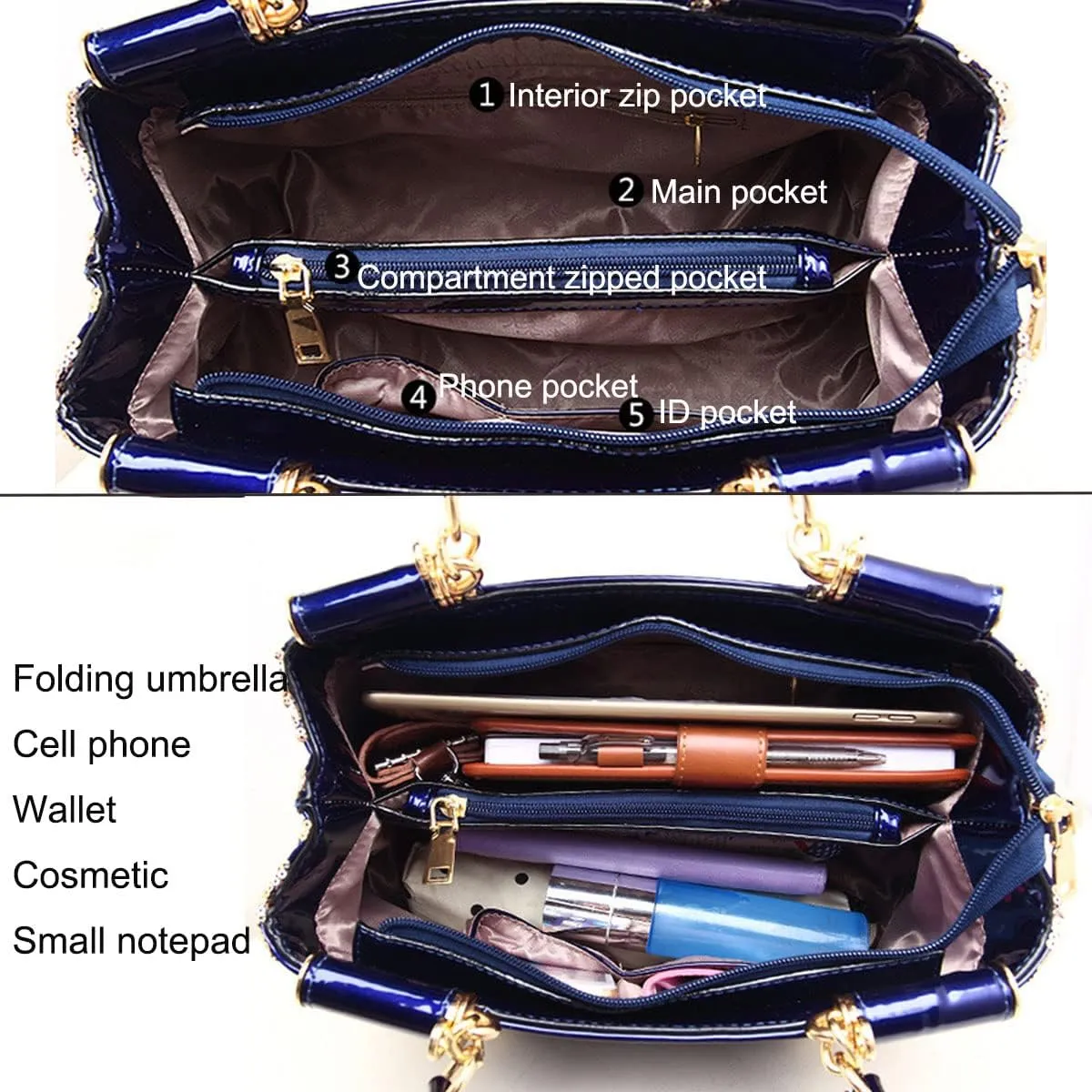Women Patent Leather Fashion Handbags Double Sided Sequin Embroidery Shoulder Bag Top Handle Satchel Purse Black