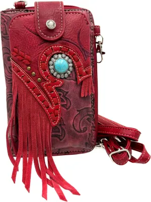 Women Phone Wallet Turquoise Concho Suede Fringe Two Tone Cowgirl Crossbody Clutch