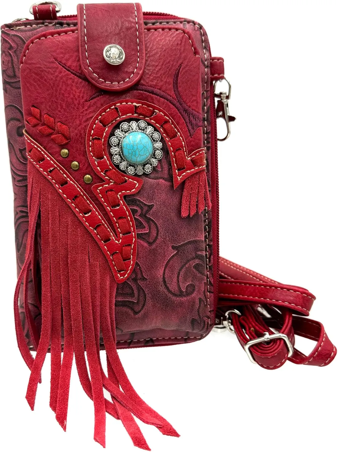 Women Phone Wallet Turquoise Concho Suede Fringe Two Tone Cowgirl Crossbody Clutch