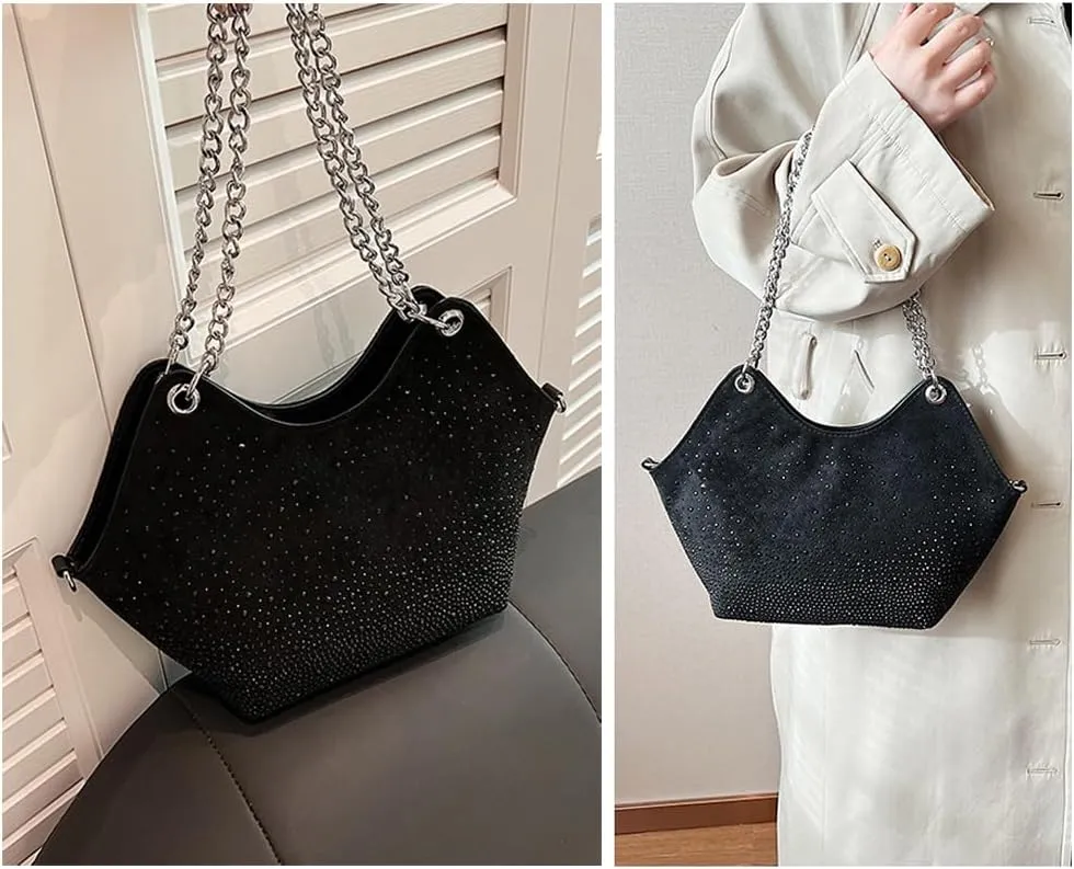 Women Rhinestone Crossbody Bags Evening Purses Sparkly Faux Suede Small Shoulder Handbags for Party Wedding Prom