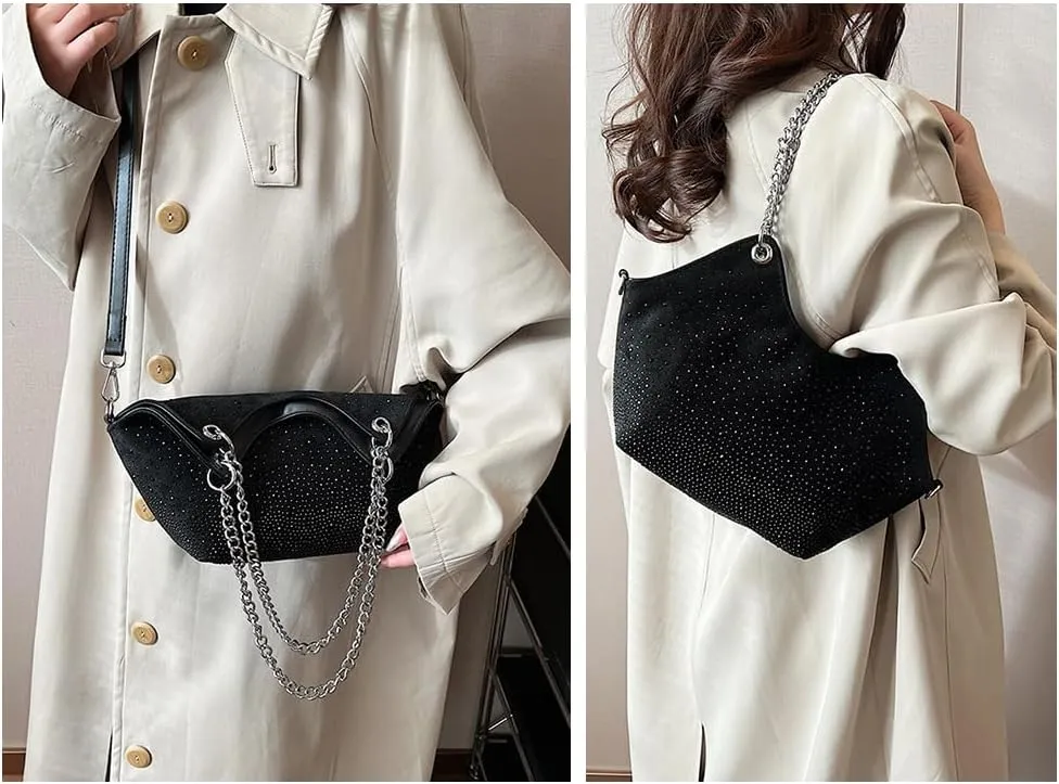Women Rhinestone Crossbody Bags Evening Purses Sparkly Faux Suede Small Shoulder Handbags for Party Wedding Prom