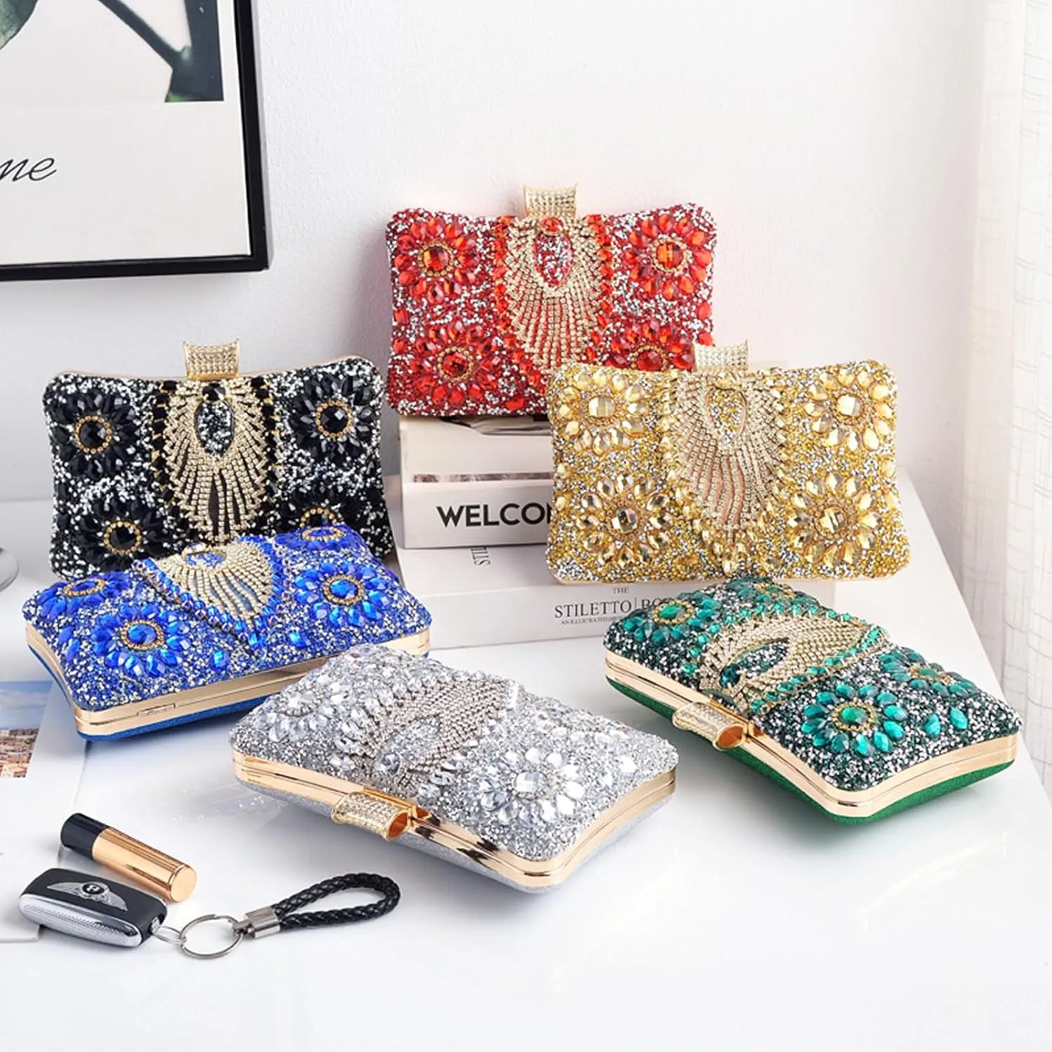 Women Rhinestone Evening Bag Multicolor Clutch Bag Bridal Wedding Purse Luxury Crystal Handbag Glitter Shoulder Bag