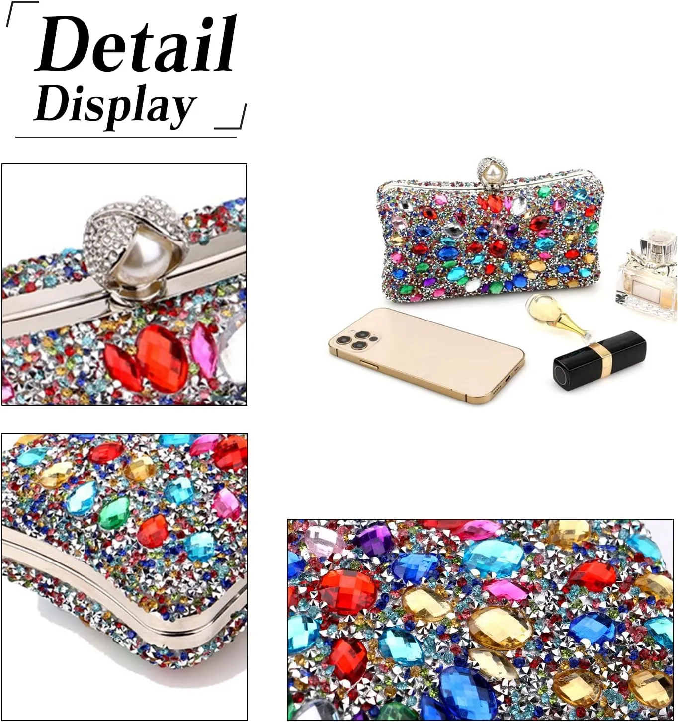 Women Rhinestone Evening Bag Multicolor Clutch Bag Luxury Crystal Handbag Bridal Wedding Purse