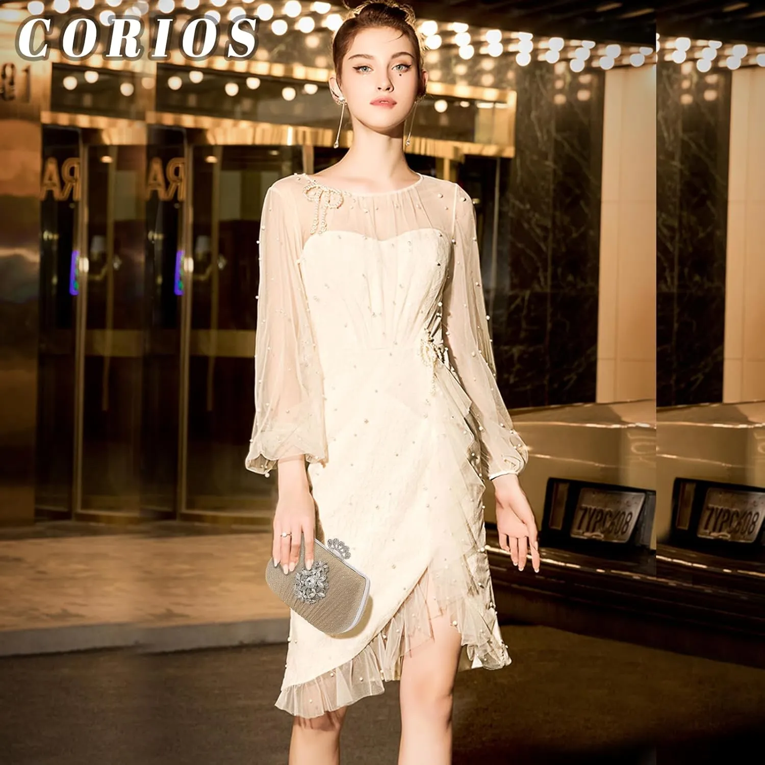 Women Rhinestone Evening Bag Sequin Pleated Clutch Bag Bridal Wedding Purse Crystal Handbag Elegant Shoulder Bag