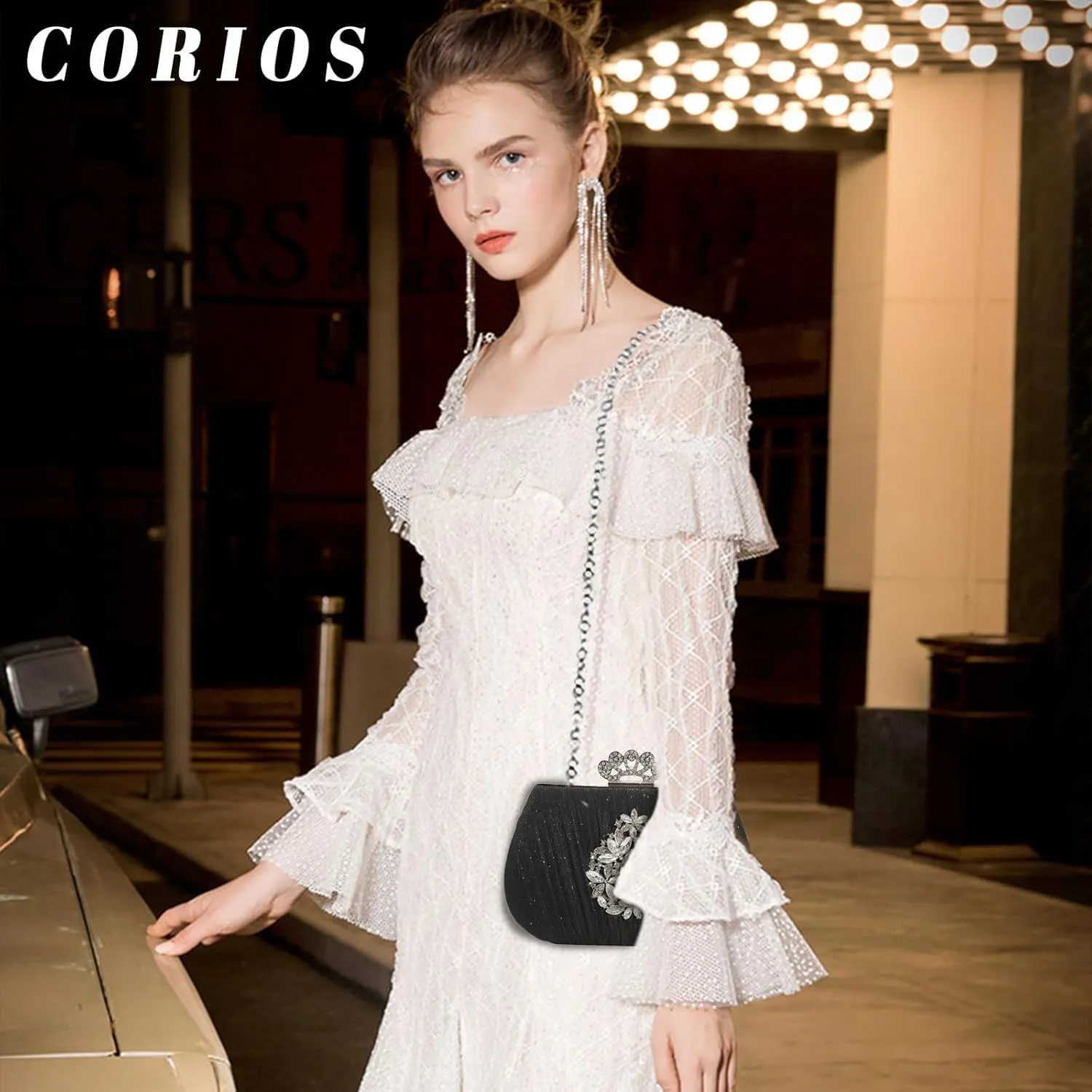 Women Rhinestone Evening Bag Sequin Pleated Clutch Bag Bridal Wedding Purse Crystal Handbag Elegant Shoulder Bag