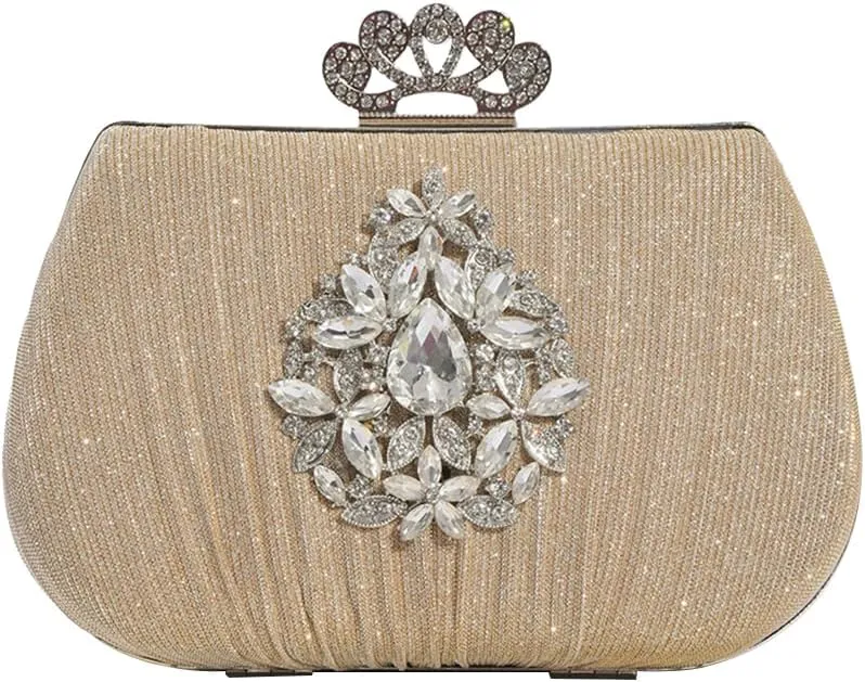 Women Rhinestone Evening Bag Sequin Pleated Clutch Bag Bridal Wedding Purse Crystal Handbag Elegant Shoulder Bag