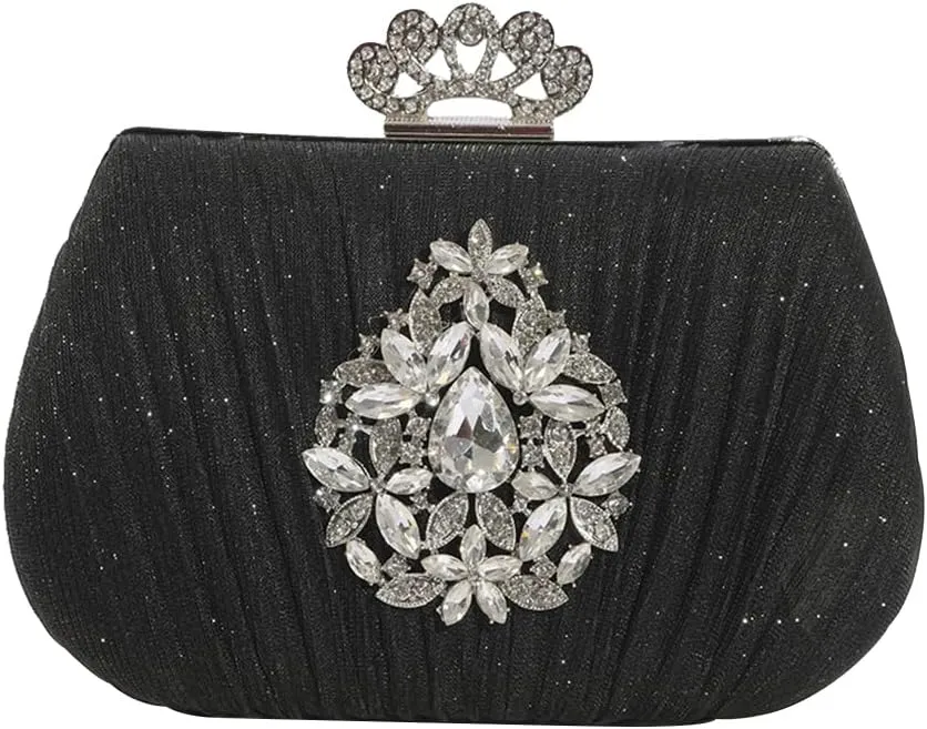Women Rhinestone Evening Bag Sequin Pleated Clutch Bag Bridal Wedding Purse Crystal Handbag Elegant Shoulder Bag