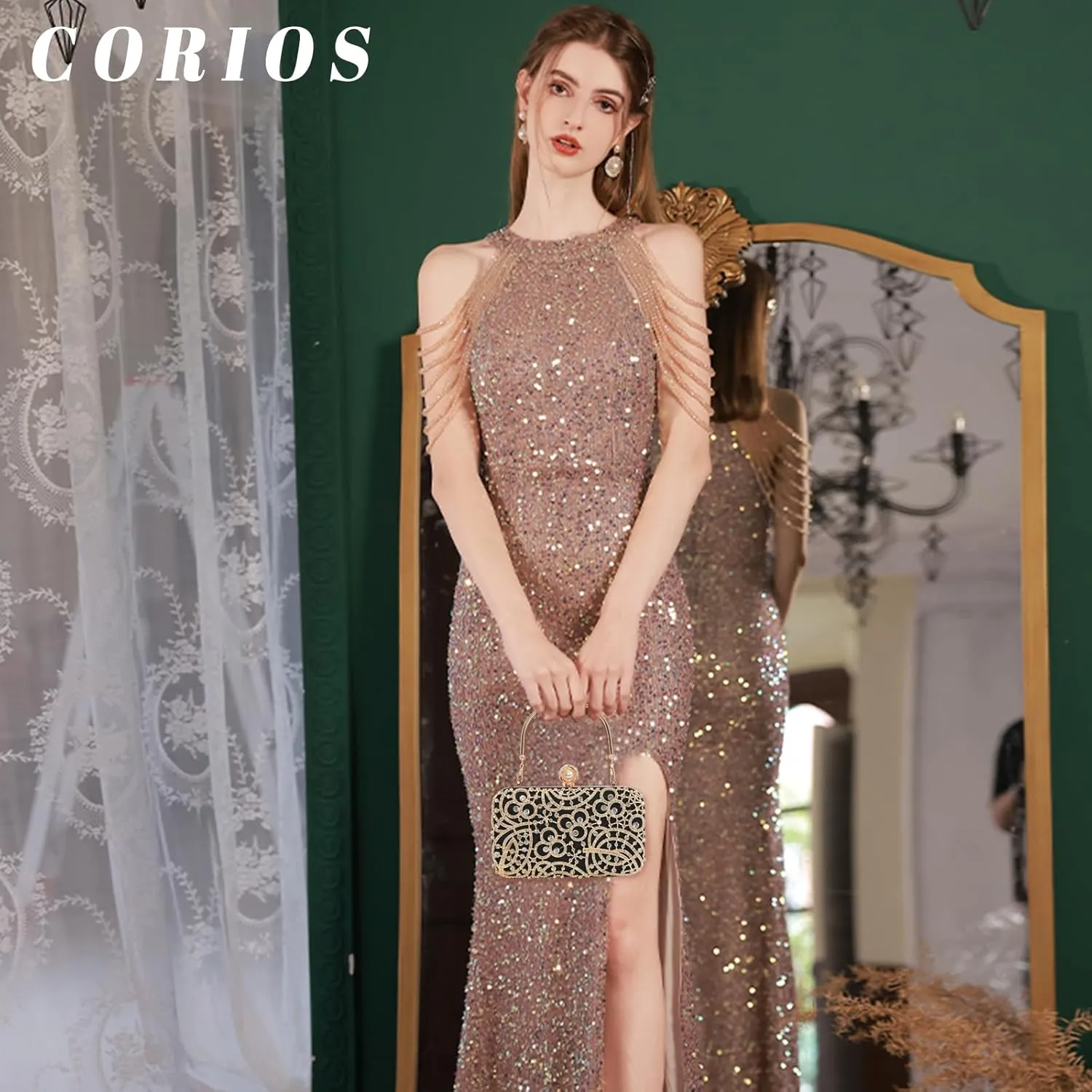 Women Rhinestone Evening Bag Sparkly Sequin Purse Crystal Clutch Bag Bridal Wedding Handbag Glitter Shoulder Bag