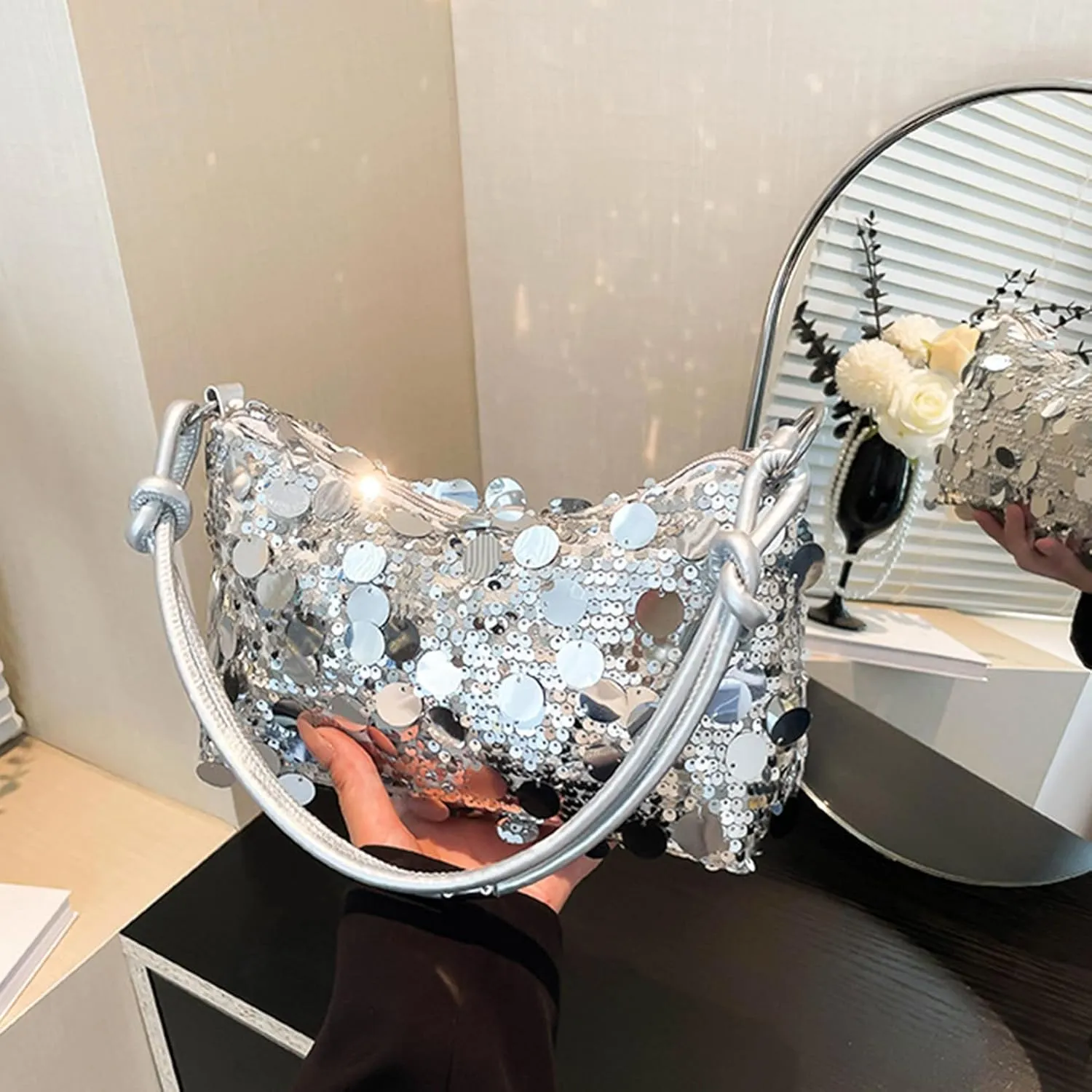 Women Sequin Bag Small Shoulder Tote Sparkly Purse Clutch Handbags Evening Bag Party Bling Glitter Sparkle Sequin Purse