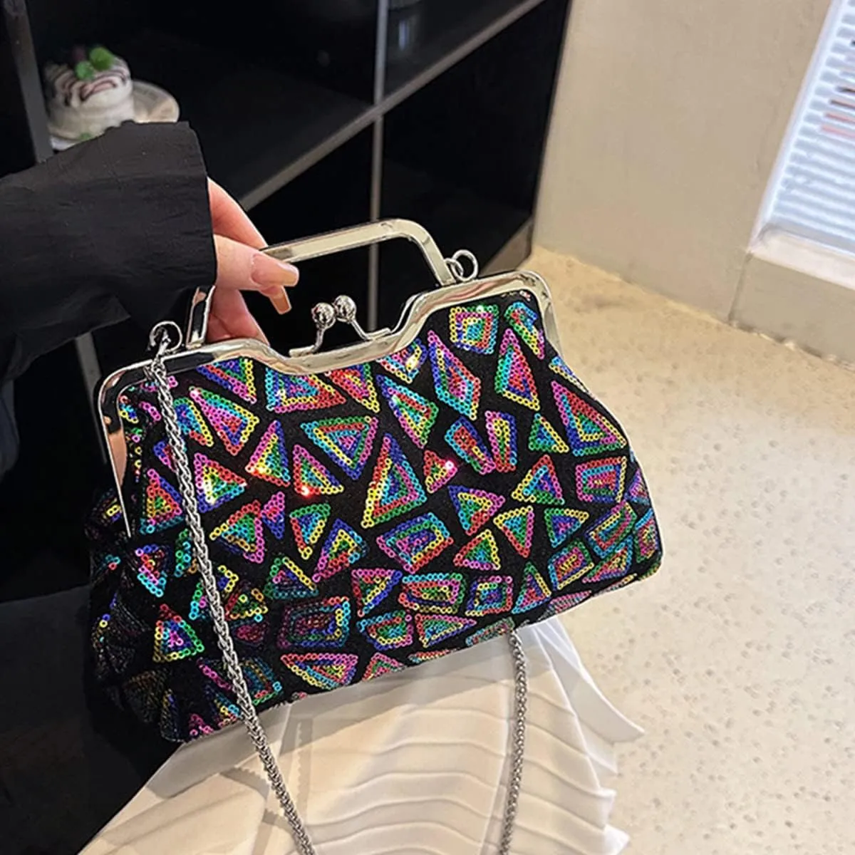 Women Sequins Evening Handbag Glitter Top Handle Purse Chain Cross-body Bag