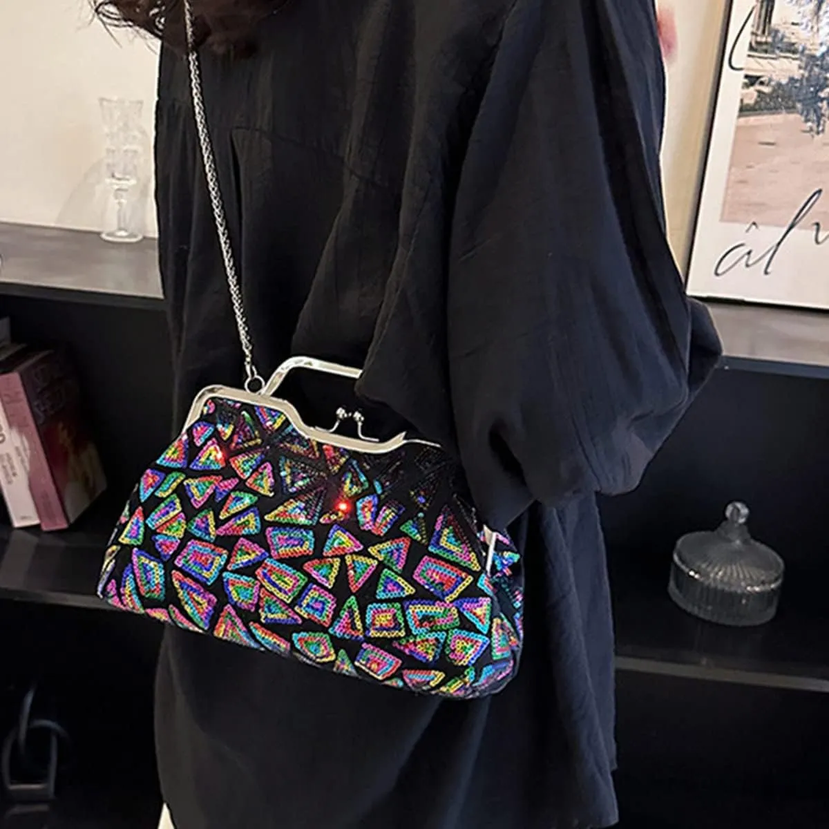 Women Sequins Evening Handbag Glitter Top Handle Purse Chain Cross-body Bag