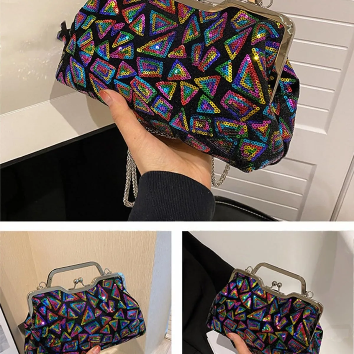 Women Sequins Evening Handbag Glitter Top Handle Purse Chain Cross-body Bag