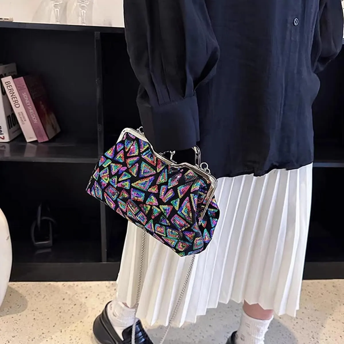 Women Sequins Evening Handbag Glitter Top Handle Purse Chain Cross-body Bag