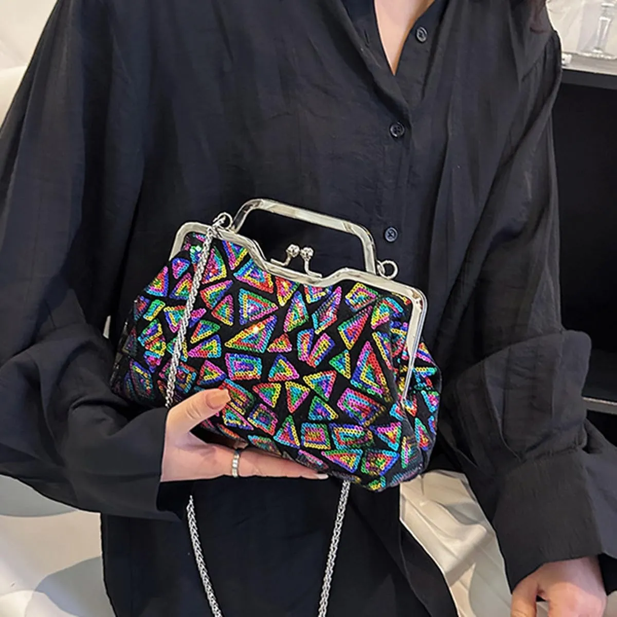 Women Sequins Evening Handbag Glitter Top Handle Purse Chain Cross-body Bag
