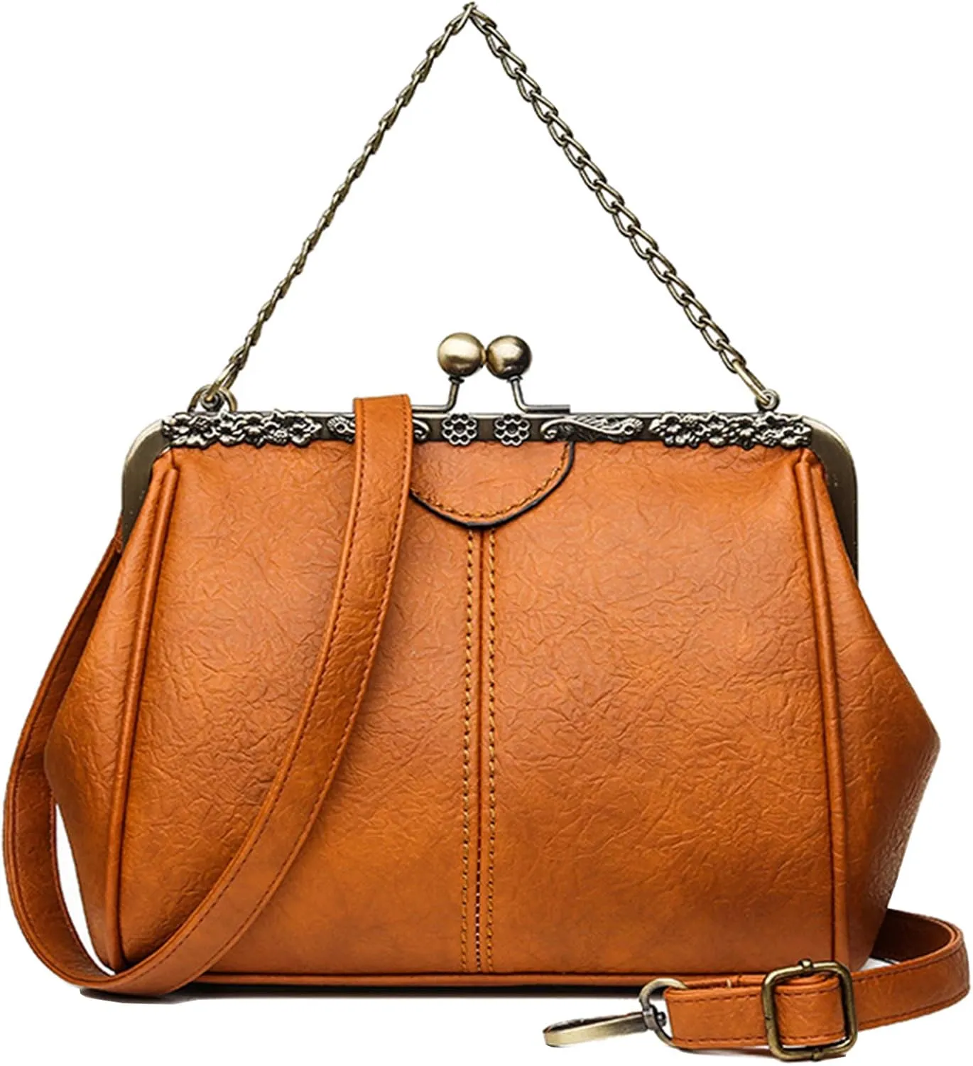 Women Small Retro Kiss Lock Handbag PU Leather Hollow Tote Purses Satchels Chain