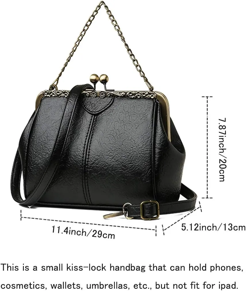 Women Small Retro Kiss Lock Handbag PU Leather Hollow Tote Purses Satchels Chain