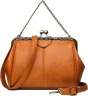 Women Small Retro Kiss Lock Handbag PU Leather Hollow Tote Purses Satchels Chain