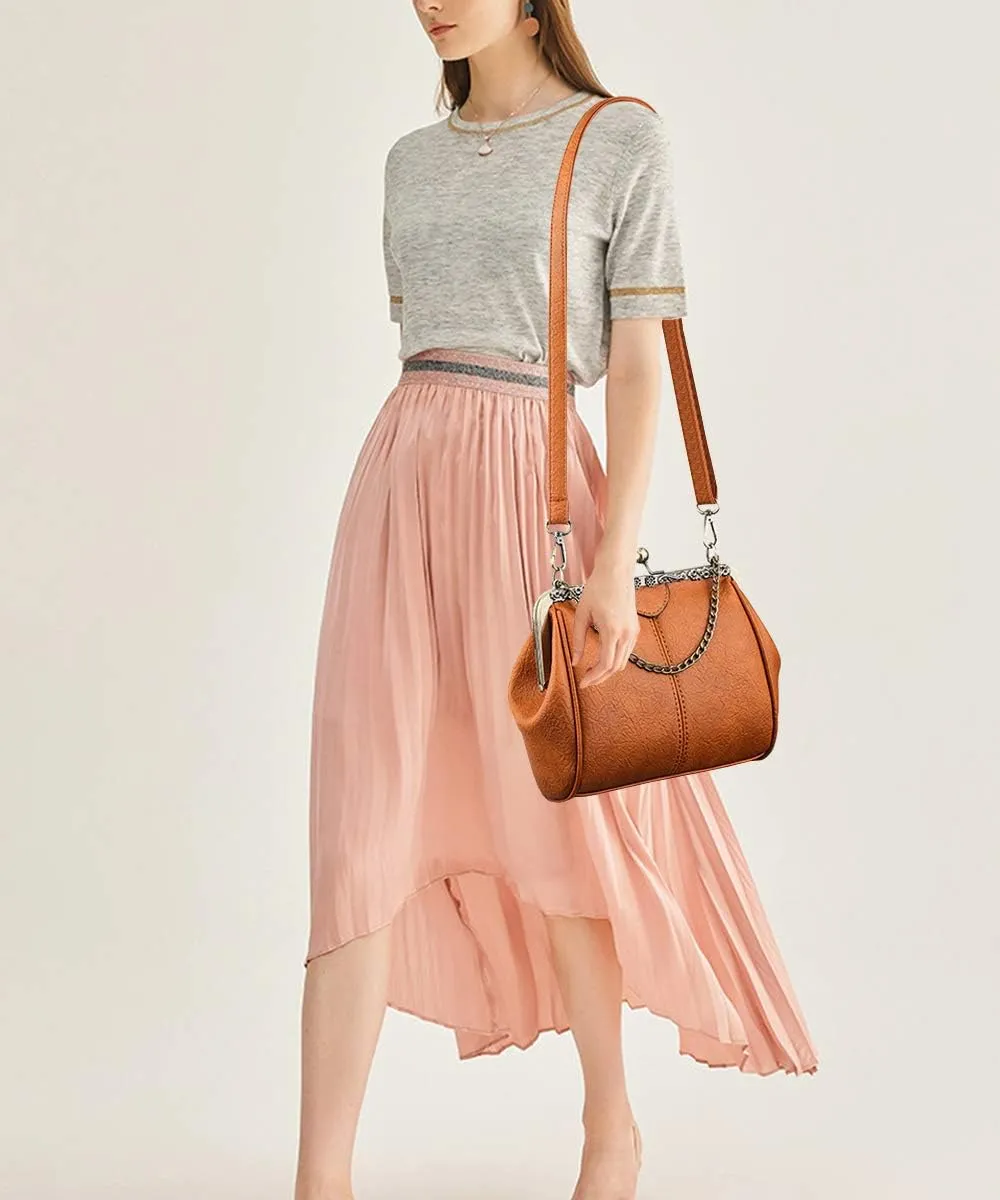Women Small Retro Kiss Lock Handbag PU Leather Hollow Tote Purses Satchels Chain