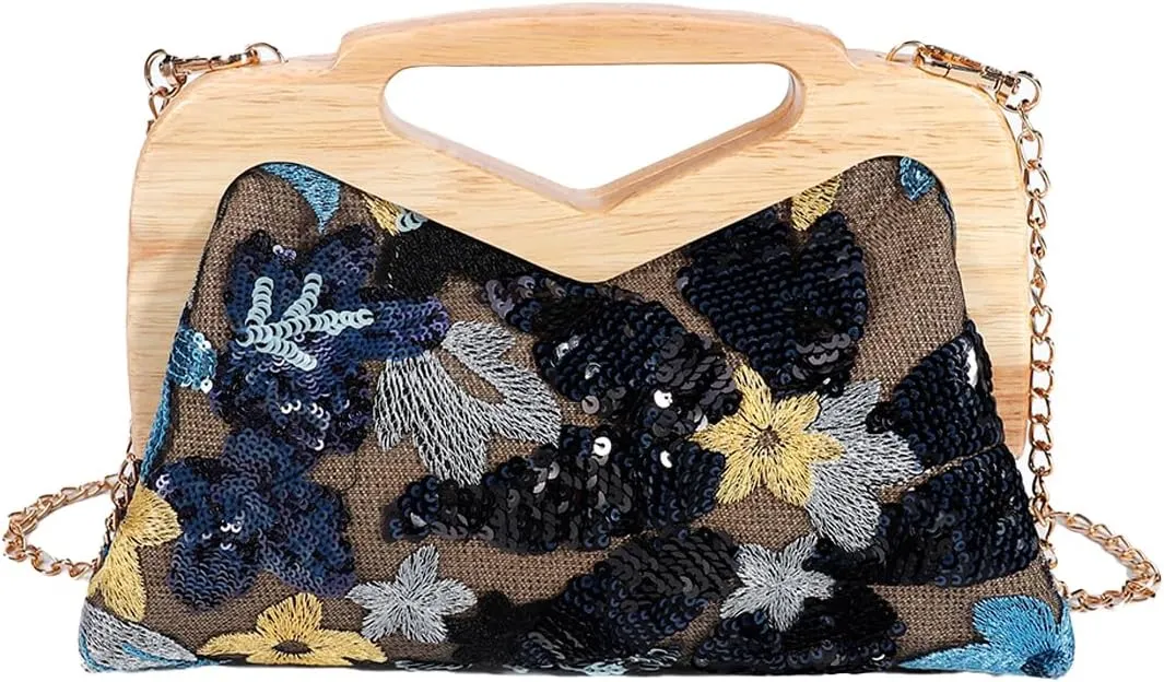 Women Straw Clutch Purse Ladies Sequin Flower Evening Bag Summer Beach Handbag Casual Woven Rattan Tote Bag