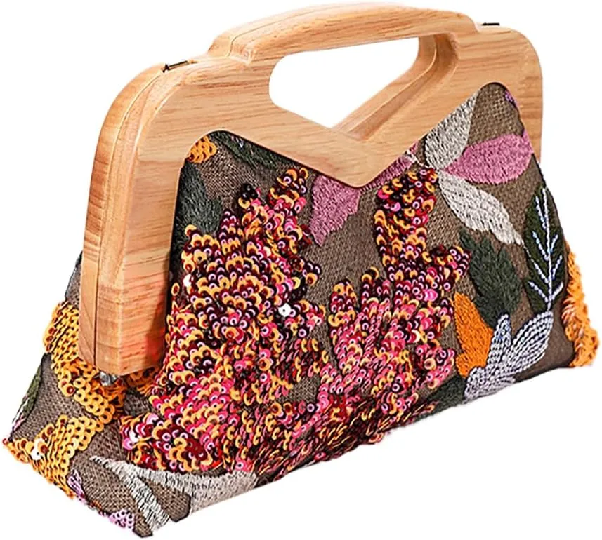 Women Straw Clutch Purse Ladies Sequin Flower Evening Bag Summer Beach Handbag Casual Woven Rattan Tote Bag