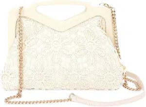 Women Wooden Frame Crochet Flower Clutch Bag with Top Handle and Chain Strap Elegant Vintage Lace Evening Purse