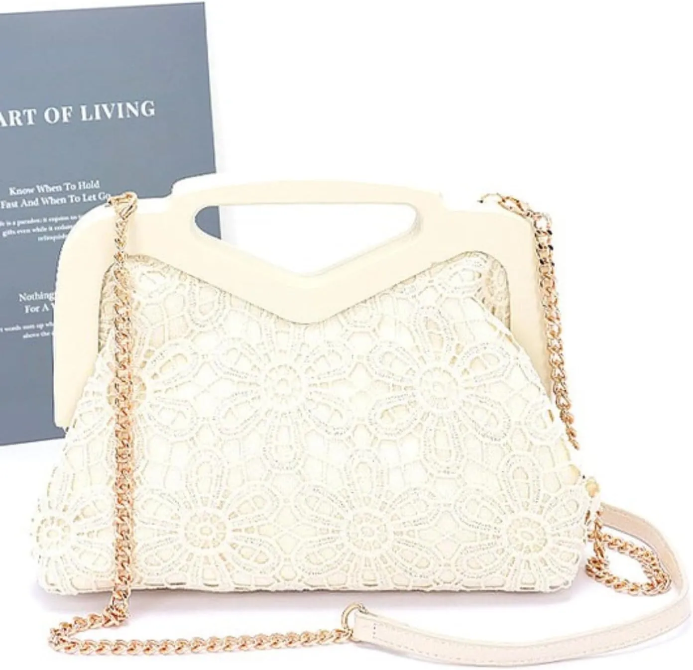 Women Wooden Frame Crochet Flower Clutch Bag with Top Handle and Chain Strap Elegant Vintage Lace Evening Purse