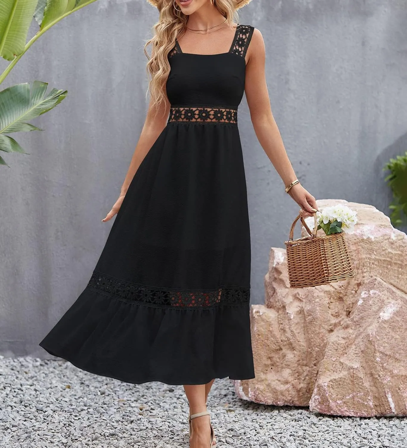 Women's Bohemian White Dress Summer Hollow Sleeveless Tank Lace Backless Fresh and Elegant Slim Strap Long Dress