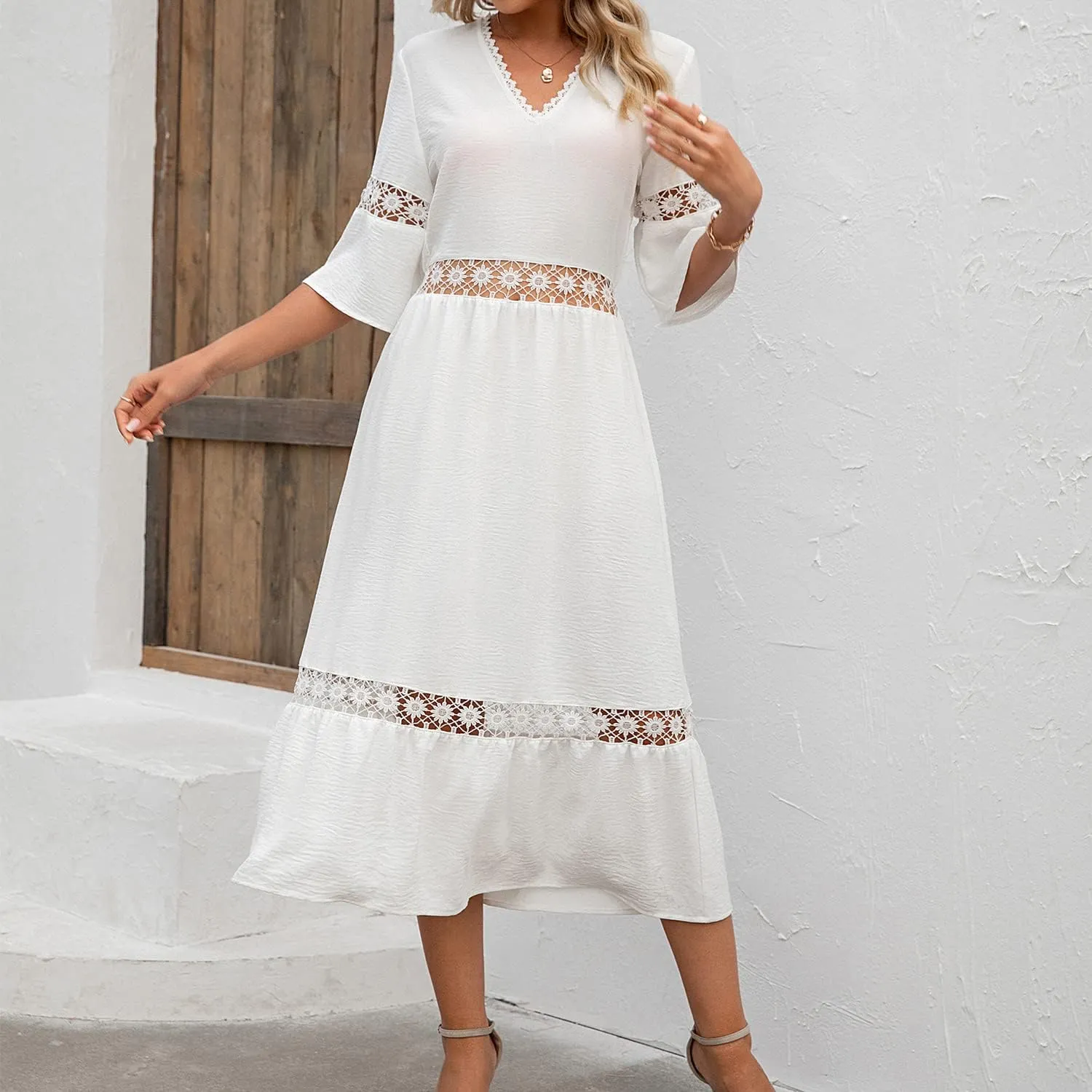 Women's Bohemian White Dress Summer Hollow Sleeveless Tank Lace Backless Fresh and Elegant Slim Strap Long Dress