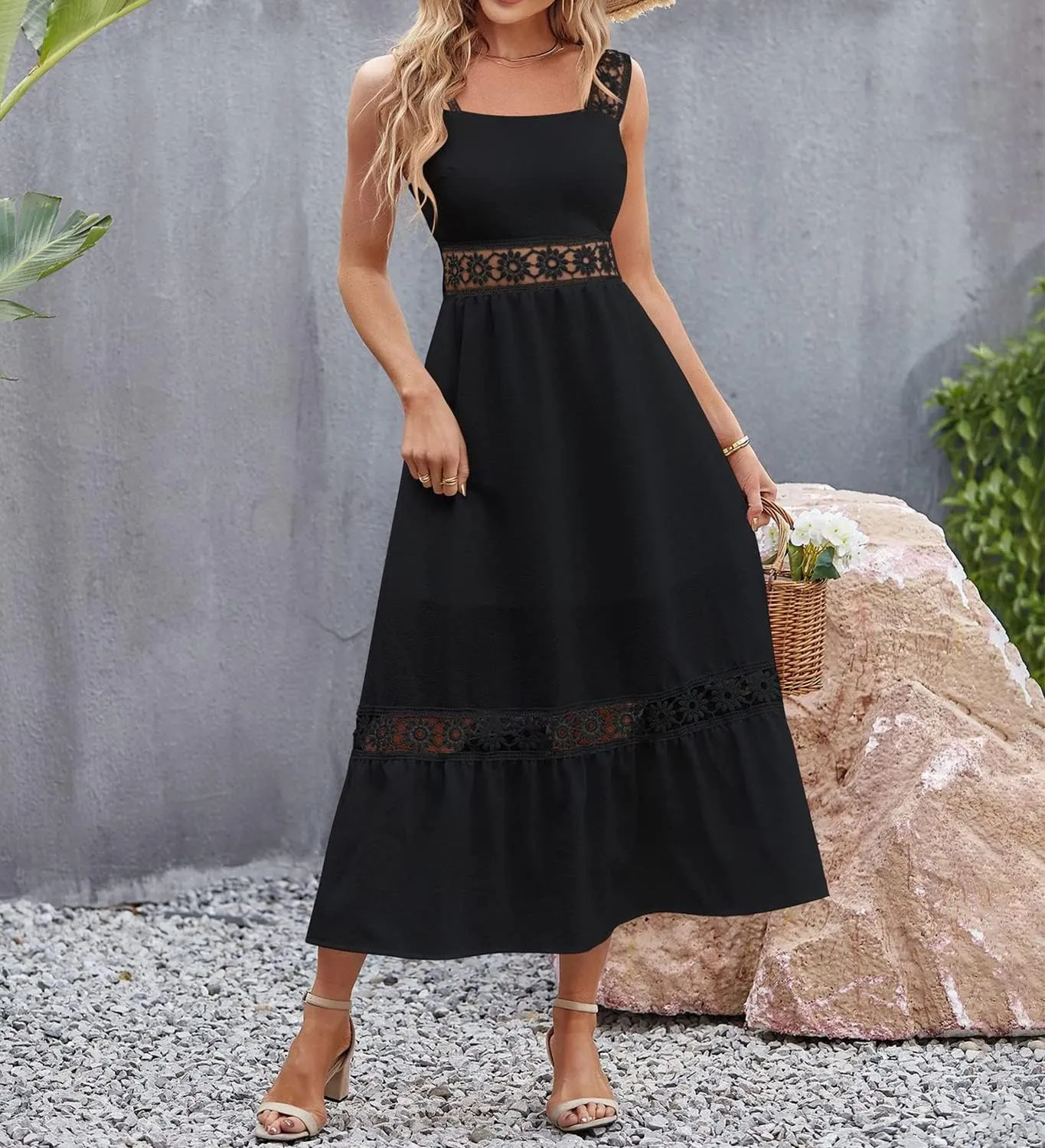 Women's Bohemian White Dress Summer Hollow Sleeveless Tank Lace Backless Fresh and Elegant Slim Strap Long Dress