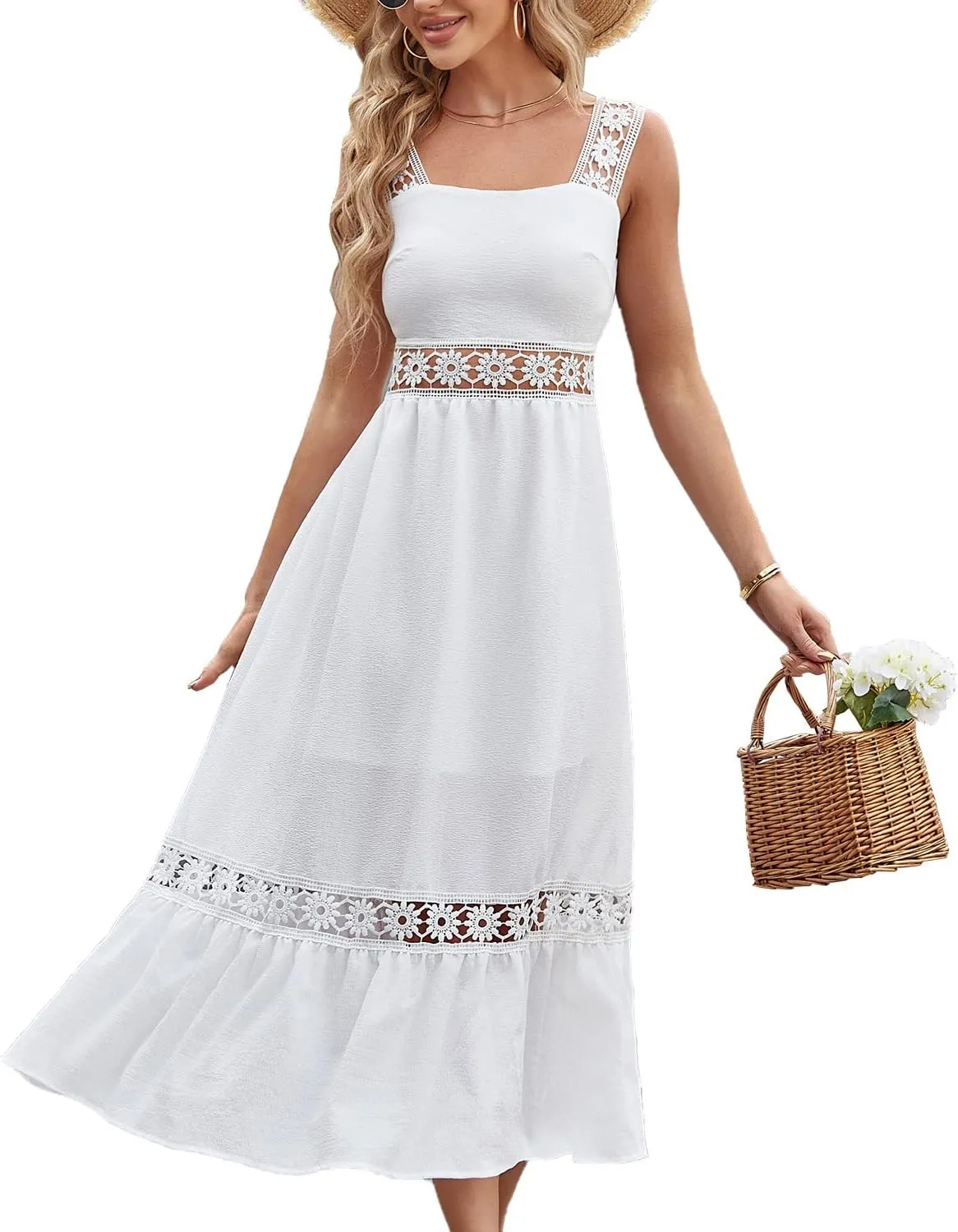 Women's Bohemian White Dress Summer Hollow Sleeveless Tank Lace Backless Fresh and Elegant Slim Strap Long Dress