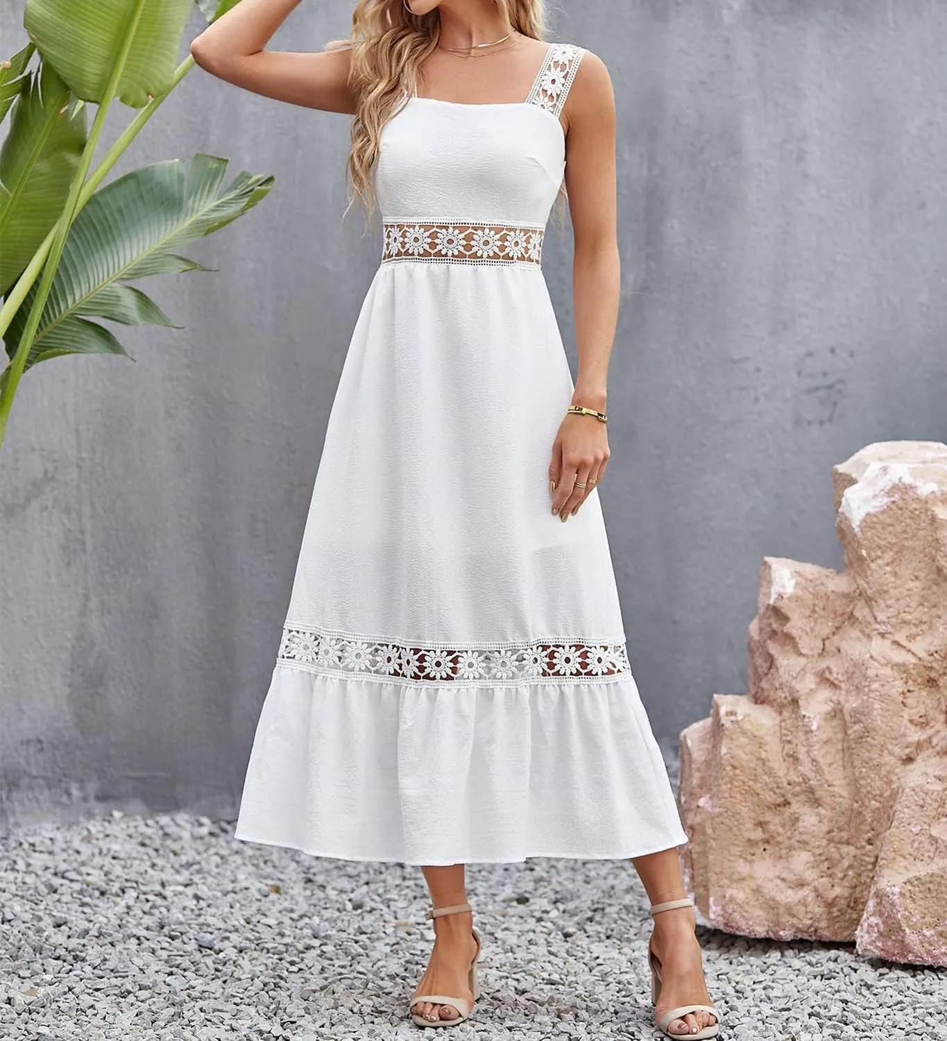 Women's Bohemian White Dress Summer Hollow Sleeveless Tank Lace Backless Fresh and Elegant Slim Strap Long Dress