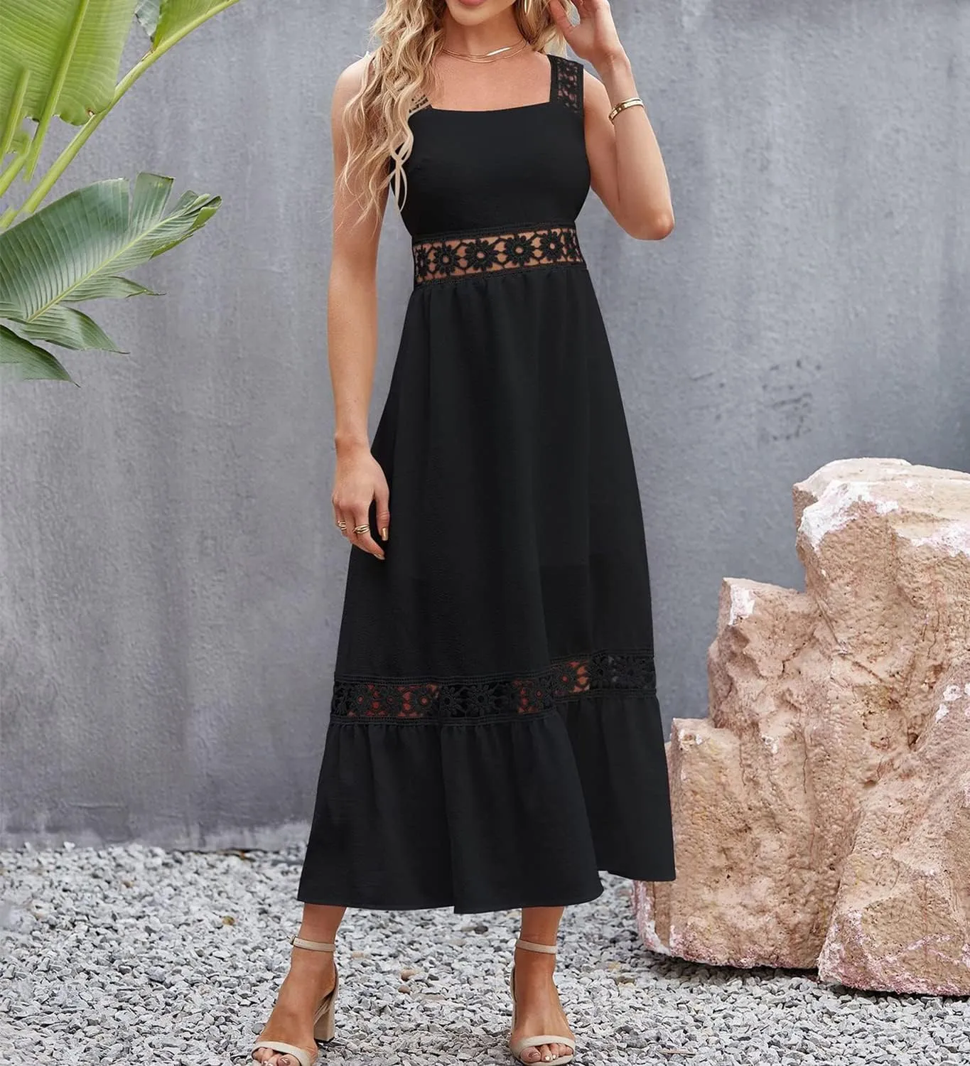 Women's Bohemian White Dress Summer Hollow Sleeveless Tank Lace Backless Fresh and Elegant Slim Strap Long Dress