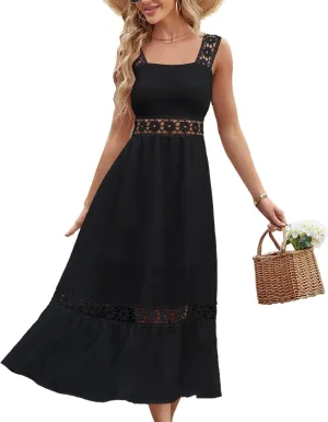 Women's Bohemian White Dress Summer Hollow Sleeveless Tank Lace Backless Fresh and Elegant Slim Strap Long Dress