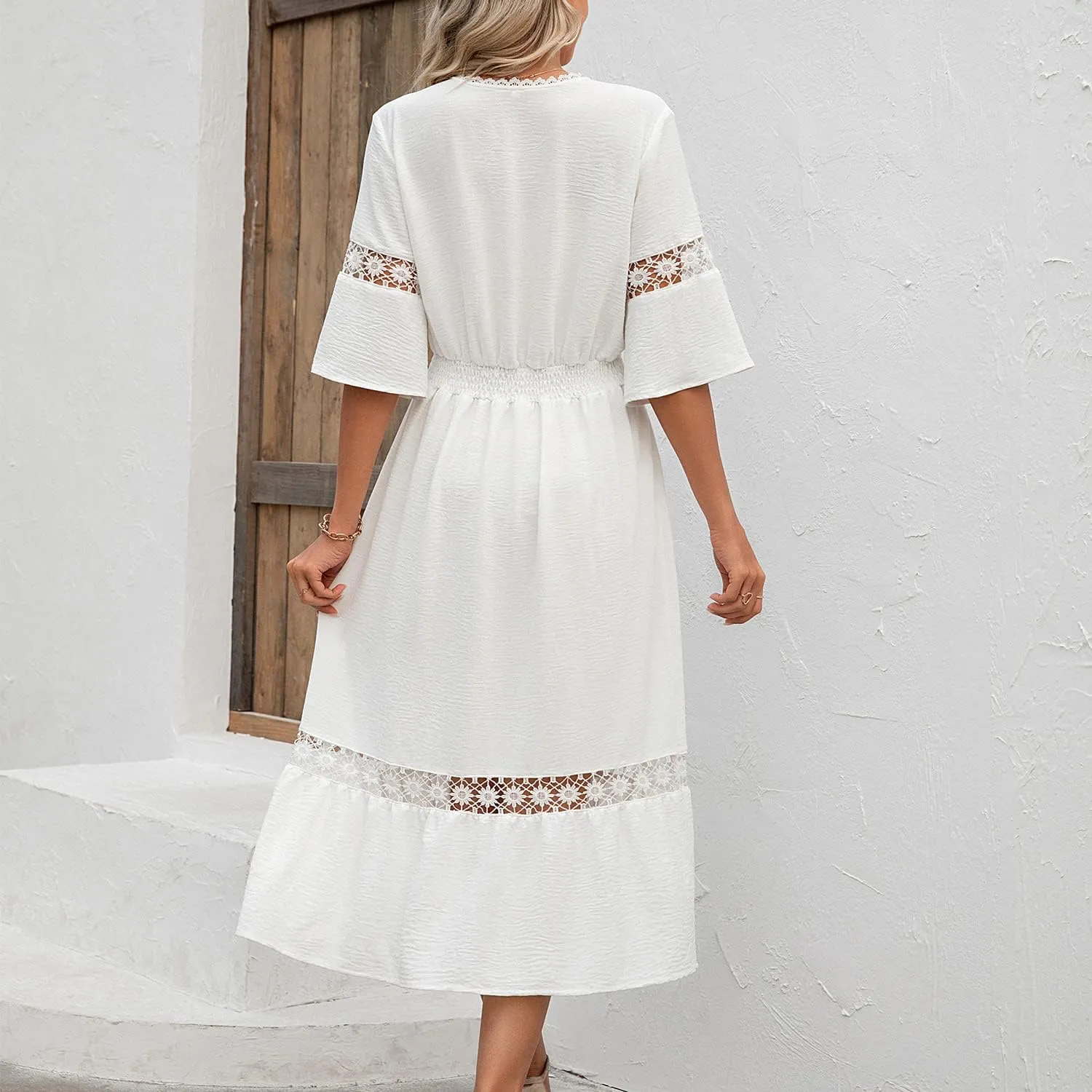 Women's Bohemian White Dress Summer Hollow Sleeveless Tank Lace Backless Fresh and Elegant Slim Strap Long Dress