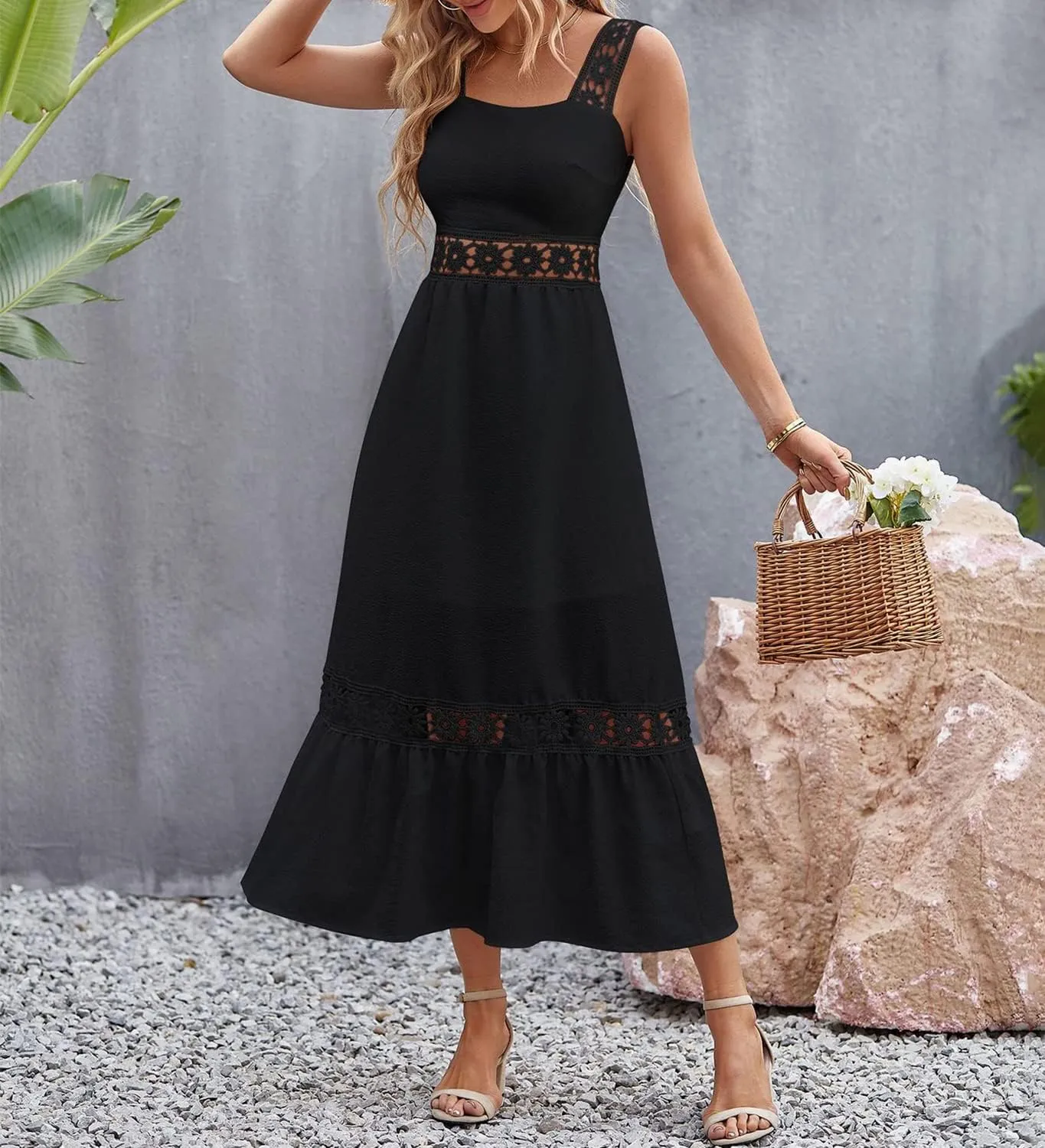 Women's Bohemian White Dress Summer Hollow Sleeveless Tank Lace Backless Fresh and Elegant Slim Strap Long Dress