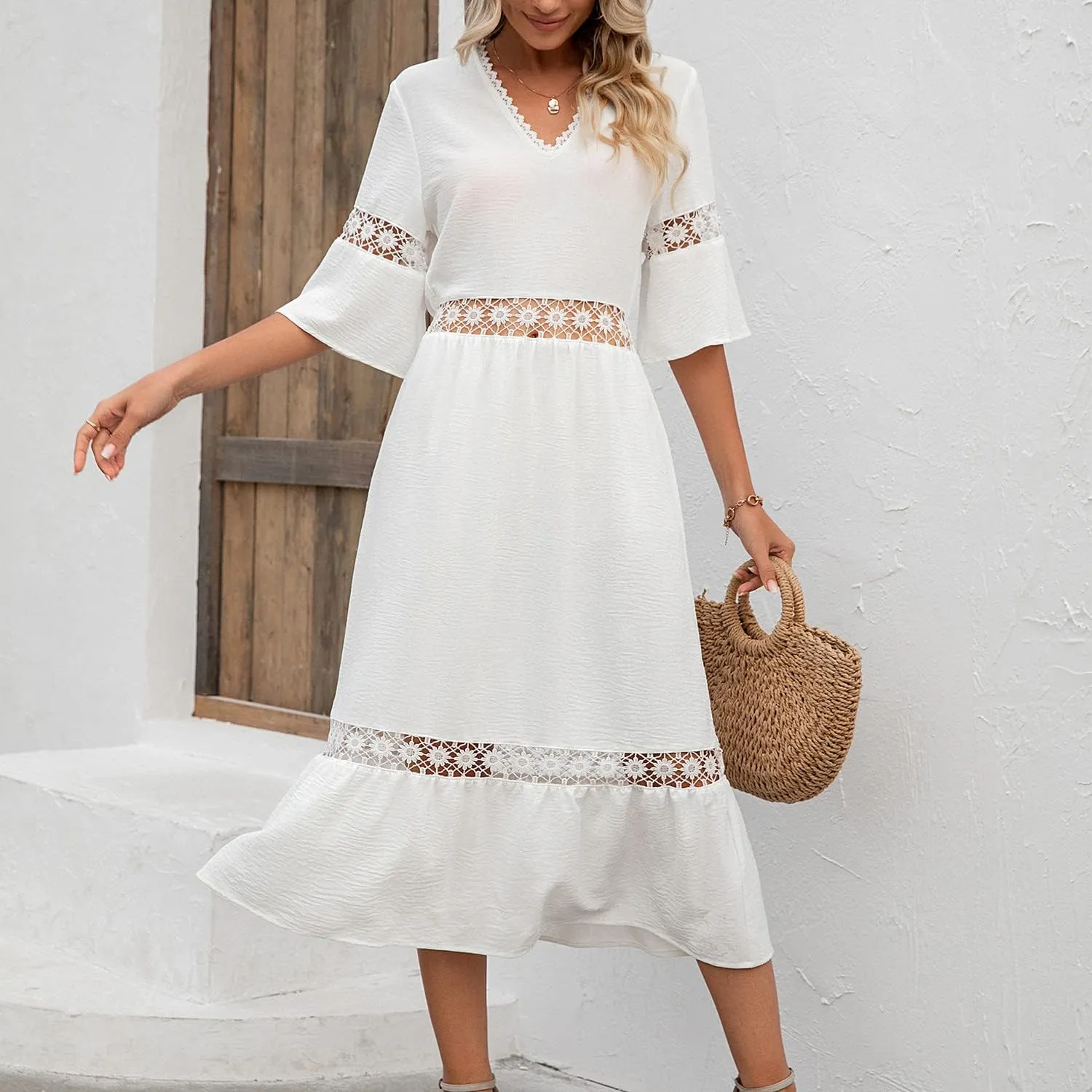 Women's Bohemian White Dress Summer Hollow Sleeveless Tank Lace Backless Fresh and Elegant Slim Strap Long Dress