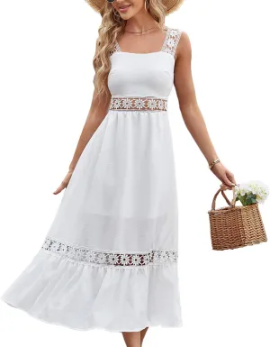 Women's Bohemian White Dress Summer Hollow Sleeveless Tank Lace Backless Fresh and Elegant Slim Strap Long Dress