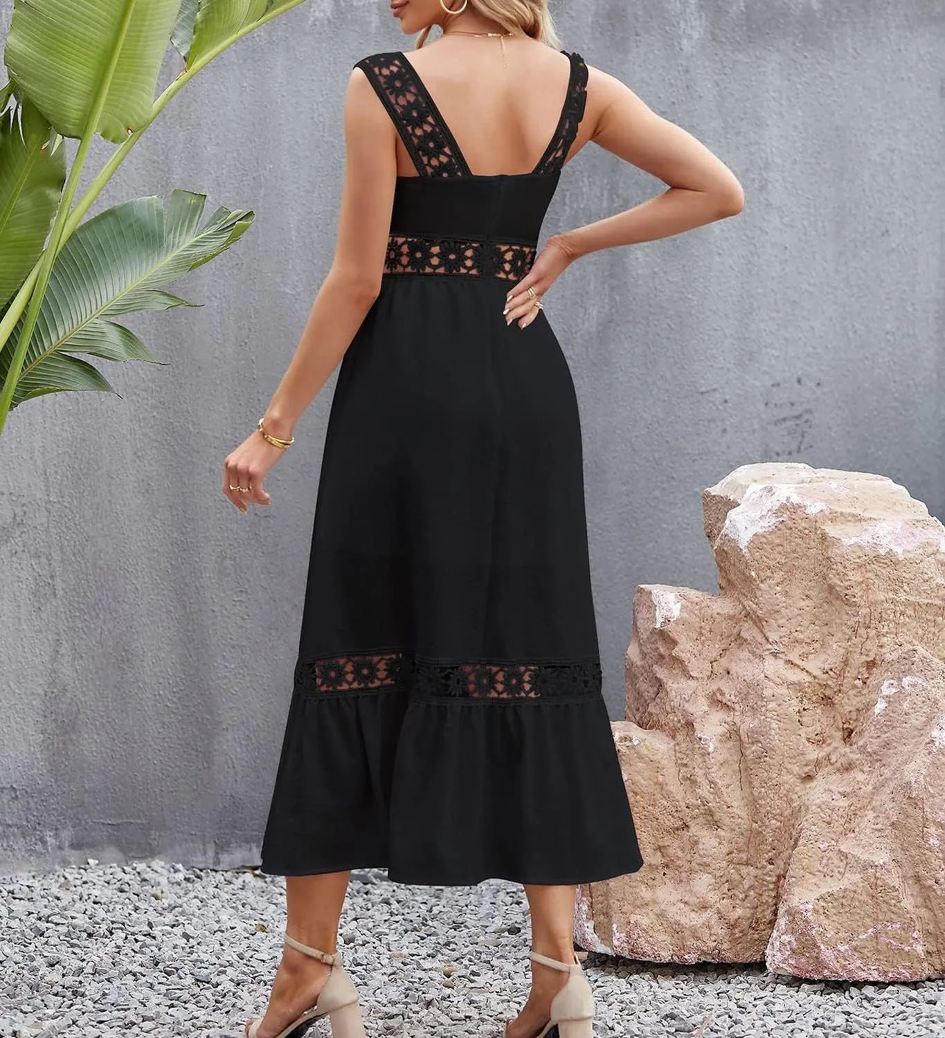 Women's Bohemian White Dress Summer Hollow Sleeveless Tank Lace Backless Fresh and Elegant Slim Strap Long Dress