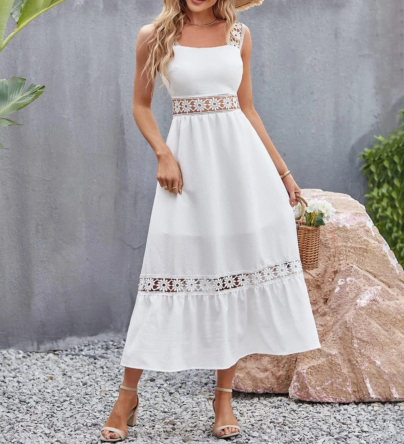 Women's Bohemian White Dress Summer Hollow Sleeveless Tank Lace Backless Fresh and Elegant Slim Strap Long Dress