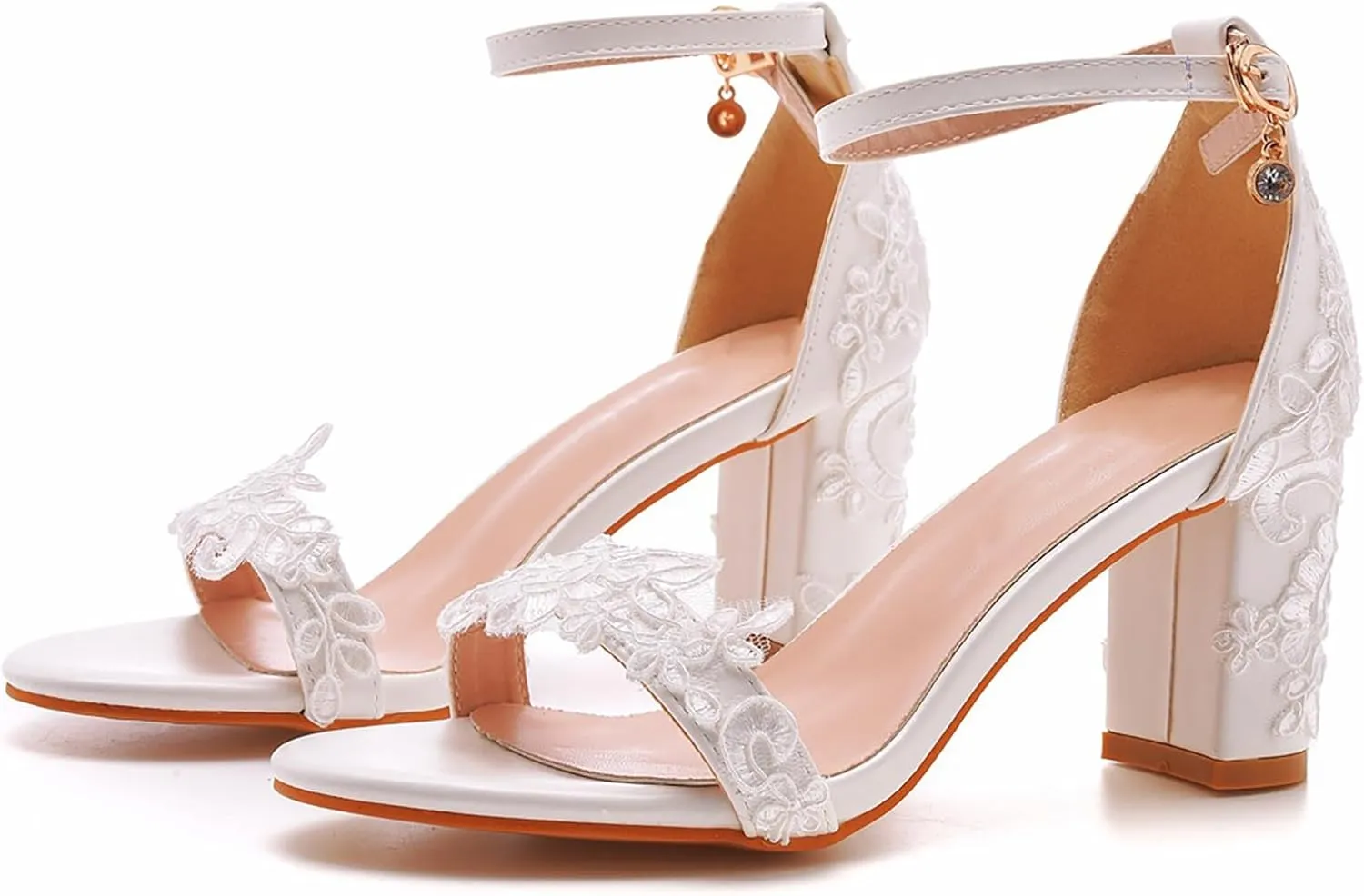 Women's Bridal Shoes Open Toe Mid Block Heel Lace Satin Ankle Strap Comfortable Wedding Dress Pump Sandals