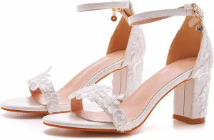Women's Bridal Shoes Open Toe Mid Block Heel Lace Satin Ankle Strap Comfortable Wedding Dress Pump Sandals